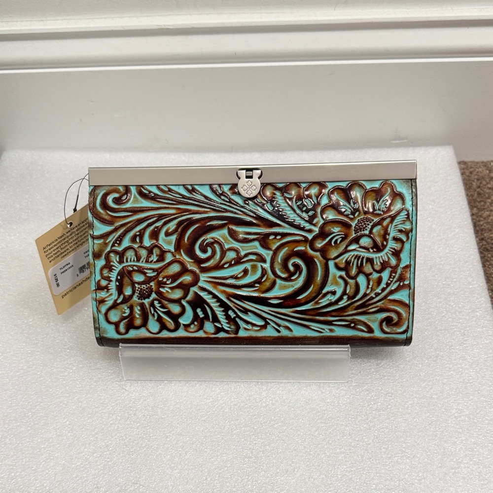 Patricia Nash Turquoise and Brown Tooled Leather Floral Clutch NWT